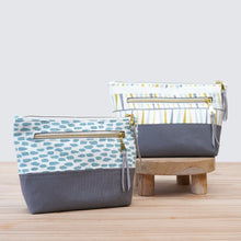 Load image into Gallery viewer, Two fabric bags with patterned tops and solid gray bottoms on a wooden surface. pfd sewing pattern Molko Studios