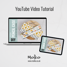 Load image into Gallery viewer, Laptop and tablet displaying a YouTube video tutorial for a pencil case with Molko branding. Athena Pencil Case Sewing Pattern PDF