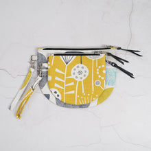 Load image into Gallery viewer, Fabric pouch with yellow and gray pattern on a light gray background Brooke Wristlet Sewing Pattern PDF