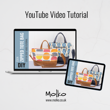Load image into Gallery viewer, Laptop and tablet displaying a YouTube video tutorial for a zipped tote bag with Molko branding. Eden Zipped Tote Sewing Bag Pattern PDF