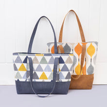 Load image into Gallery viewer, Two tote bags with geometric patterns on a light background Freya Strappy Tote Sewing Bag Pattern PDF
