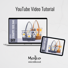 Load image into Gallery viewer, Molko YouTube video tutorial for strappy tote bags displayed on a laptop and tablet. Freya Strappy Tote Sewing Bag Pattern PDF