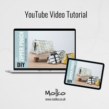 Load image into Gallery viewer, Laptop and tablet displaying a zipper pouch tutorial with Molko branding. Iris Zipper Pouch Pattern PDF