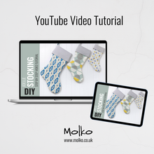 Load image into Gallery viewer, Molko YouTube video tutorial for stocking DIY with patterned socks on a laptop and tablet. Joelle Christmas Stocking Sewing Pattern PDF