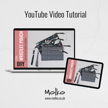 Load image into Gallery viewer, Molko YouTube video tutorial for making a wristlet pouch on a laptop and tablet. Lena Wristlet Sewing Pattern PDF