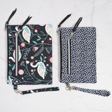 Load image into Gallery viewer, Two patterned pouches with zippers on a light gray surface Lena Wristlet Sewing Pattern PDF