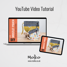 Load image into Gallery viewer, Molko YouTube video tutorial for DIY wristlet pouch displayed on a laptop and tablet. Lexi Wristlet Sewing Pattern PDF