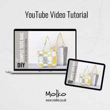 Load image into Gallery viewer, Laptop and tablet displaying a YouTube video tutorial on DIY tote bags with Molko branding. Lily Tote Bag Sewing Pattern PDF