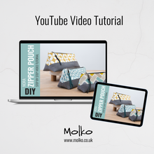 Load image into Gallery viewer, Molko YouTube video tutorial for zipper pouches displayed on a laptop and tablet. Nora Zipper Pouch Pattern PDF