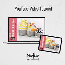 Load image into Gallery viewer, Molko YouTube video tutorial for drawstring bags displayed on a laptop and tablet. Pippa Drawstring Bag Sewing Pattern PDF
