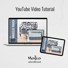 Load image into Gallery viewer, Molko YouTube video tutorial for making a wristlet pouch displayed on a laptop and tablet.Ria Wristlet Sewing Pattern PDF