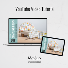Load image into Gallery viewer, Molko YouTube video tutorial for dumpling pouches displayed on a laptop and tablet. Seren Dumpling Sewing Pattern PDF
