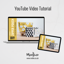 Load image into Gallery viewer, Molko YouTube video tutorial for DIY zipper pouches displayed on a laptop and tablet. Verity Zipper Pouch Sewing Pattern PDF