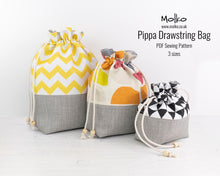 Load image into Gallery viewer, Pippa drawstring bag PDF sewing tutorial sewing pattern