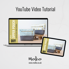 Load image into Gallery viewer, Laptop and tablet displaying a DIY zipper pouch tutorial with Molko branding. Ayla Zipper Pouch Sewing Pattern PDF
