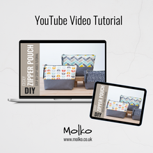 Load image into Gallery viewer, Molko zipper pouches displayed on a laptop and tablet with 'YouTube Video Tutorial' text. Cecily Zipper Pouch Sewing Pattern PDF
