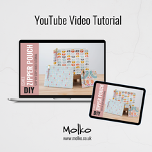 Load image into Gallery viewer, Molko YouTube video tutorial for zipper pouches displayed on a laptop and tablet. Esmee Zipper Pouch Sewing Pattern PDF

