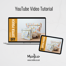 Load image into Gallery viewer, Laptop and tablet displaying a YouTube video tutorial for making a zipper pouch, with Molko branding. Imogen Zipper Pouch PDF Sewing Pattern 
