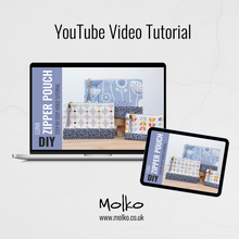 Load image into Gallery viewer, Laptop and tablet displaying Molko zipper pouches with a YouTube video tutorial on a white background. Luna Zipper Pouch Sewing Pattern PDF
