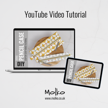 Load image into Gallery viewer, Laptop and tablet displaying a YouTube video tutorial for a DIY pencil case with Molko branding. Mina Pencil Case Sewing Pattern PDF
