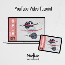 Load image into Gallery viewer, Laptop and tablet displaying a YouTube video tutorial for making a 'Nana Circle Pouch' with Molko branding. Naima Circle Coin Purse Sewing Pattern PDF
