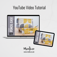 Load image into Gallery viewer, Molko YouTube video tutorial for making a pencil case displayed on a laptop and tablet. Tasnim Pencil Case Sewing Pattern PDF
